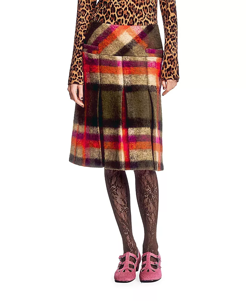 Anna Sui Brushed Wool Plaid Pleated Skirt