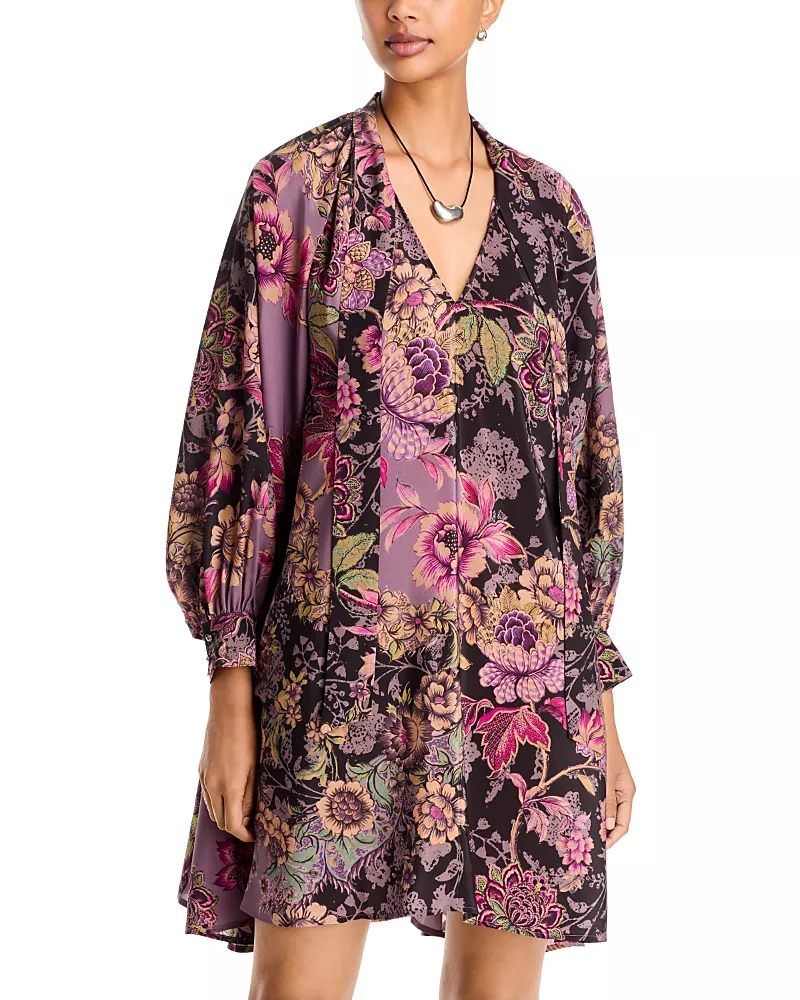 Johnny Was Magaly Silk Tie Neck Mini Dress