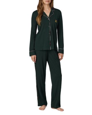 Cotton Blend Classic Knits Notch Collar Long Pants Pajama Set