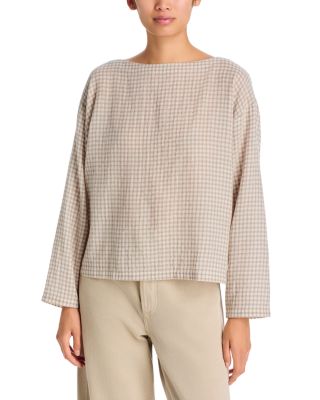 Wool Cotton Check Bateau Neck Boxy Top