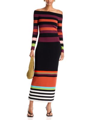 Striped Long Sleeve Off-The-Shoulder Top & Striped Knit Pencil Skirt