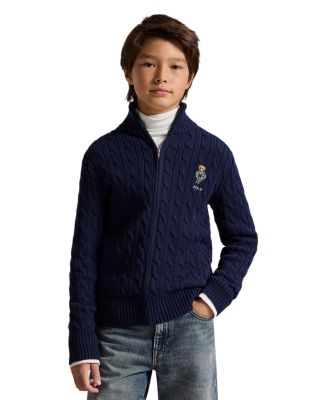Boys' Polo Bear Cable Cotton Full Zip Sweater - Little Kid, Big Kid