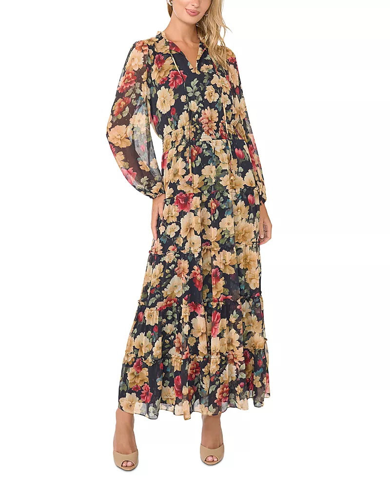 Vince Camuto Long Sleeve Tiered Ruffle Smocked Maxi Dress
