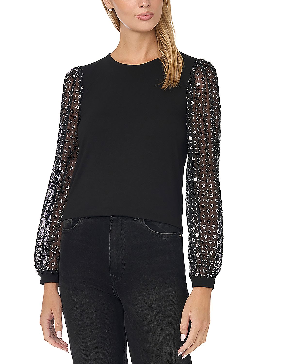 CeCe Crewneck Contrast Sleeve Top