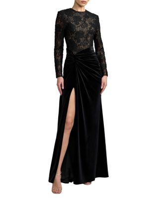 Mac Duggal Lace Long Sleeve Column Gown With Velvet Skirt