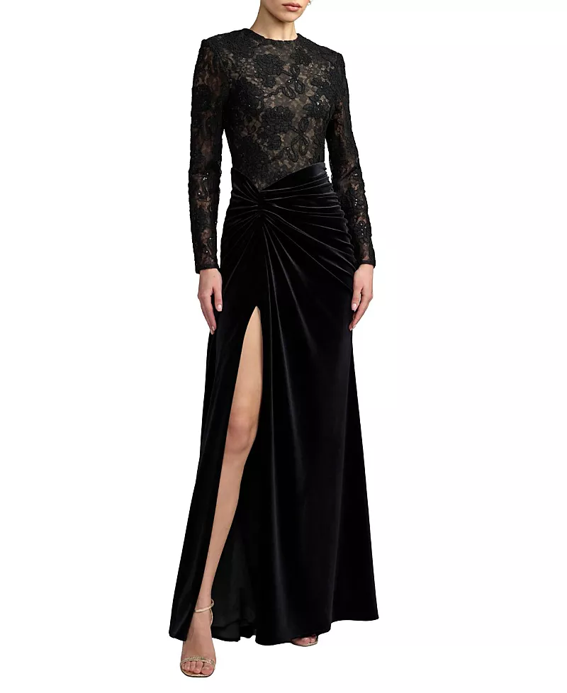 Mac Duggal Lace Long Sleeve Column Gown With Velvet Skirt