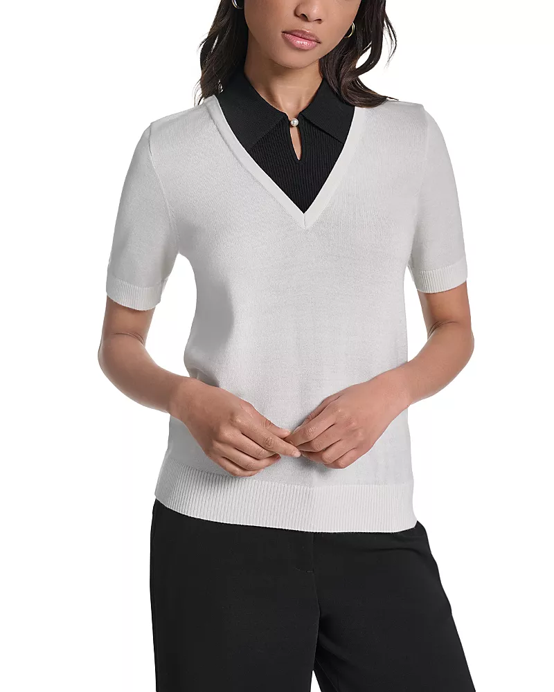 Karl Lagerfeld Paris Contrast Collar Short Sleeve Sweater