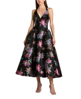  Floral Brocade Halter Neck Open Back Midi Dress
