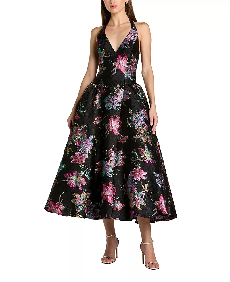Mac Duggal Floral Brocade Halter Neck Open Back Midi Dress