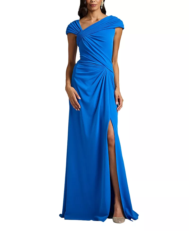 Tadashi Shoji Mireya Draped Cap Sleeve Gown
