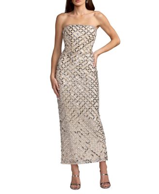  Beaded Mesh Strapless Column Ankle Dress