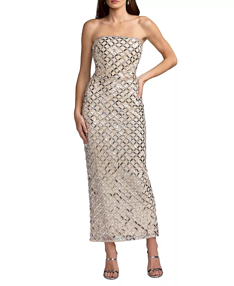 Mac Duggal Beaded Mesh Strapless Column Ankle Dress