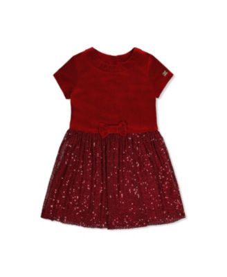  Girls' Bi-Material Bow Belt Glitter Mesh Short Sleeve Dress - Little Kid, Big Kid