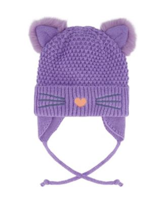  Girls' Winter Cat Ears Fleece-Lined Chin Tie Knit Hat - Baby