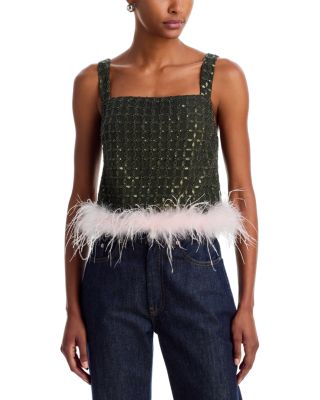 Sequinned Lattice Feather Trim Top - Exclusive