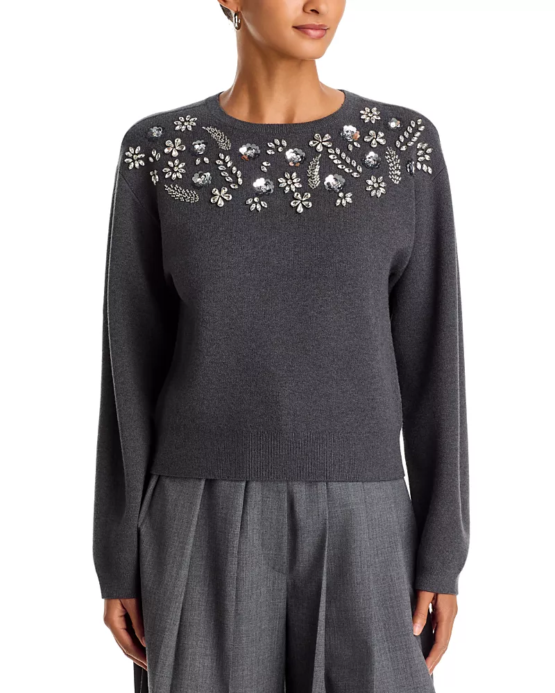 Aqua Rhinestone Embellished Crewneck Sweater - Exclusive