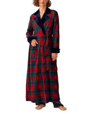 Cotton Plaid Velvet Trim Wrap Robe