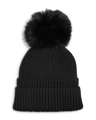 Ribbed Wool Blend & Faux Fur Pom-Pom Hat
