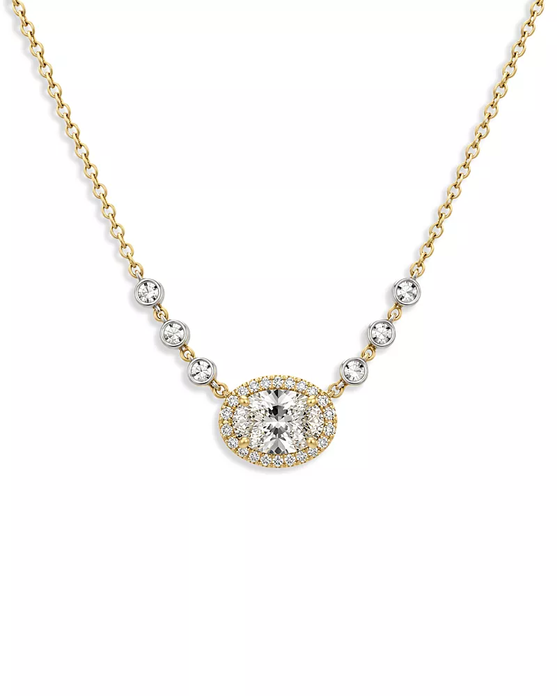 Meira T 14K White & Yellow Gold Lab Grown Diamond Oval & Round Halo Pendant Necklace, 1.21 tcw