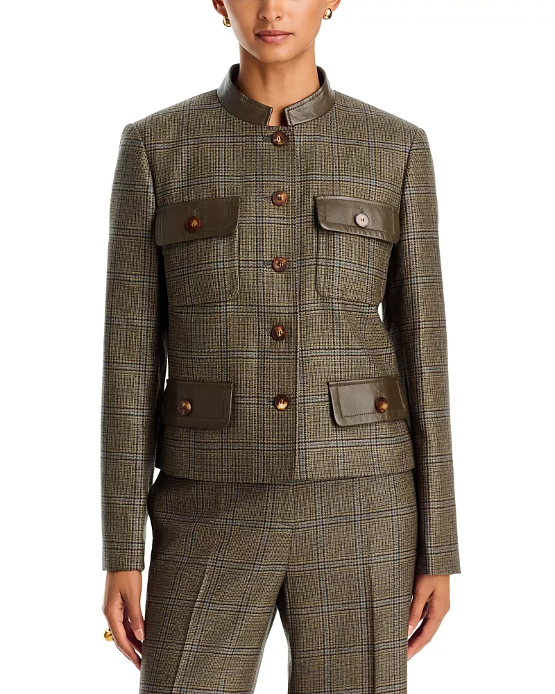 Lafayette 148 New York Leather Trim Wool Cropped Jacket
