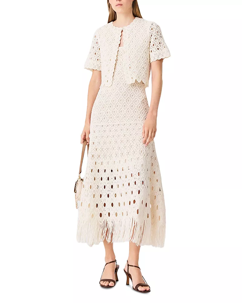 Maje Fringed Crochet Crewneck Cardigan