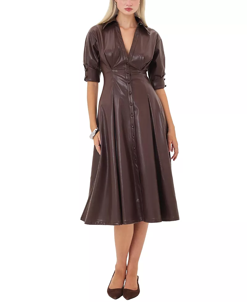 Miss Circle Vilda Faux Leather Pleated Midi Dress