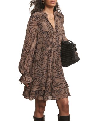  Women's Long Sleeve Printed Ruffle Mini Dress