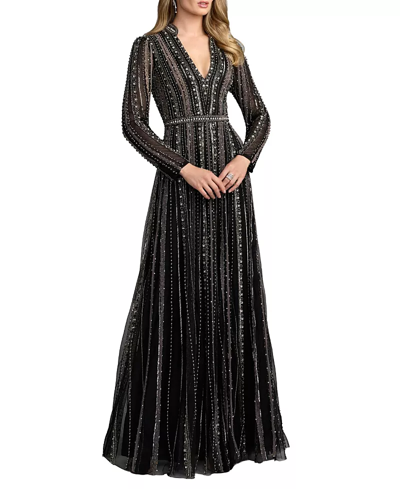 Mac Duggal Embellished Long Sleeve A-Line Gown