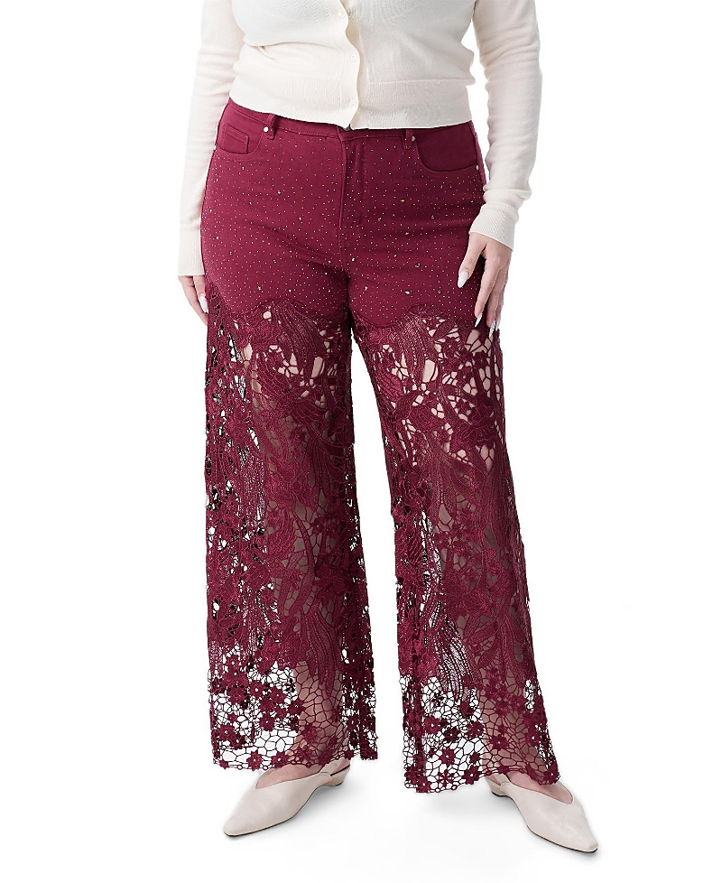 Bayeas Plus Embroidery High Rise Wide Leg Lace Jeans With Rhinestone In Wine
