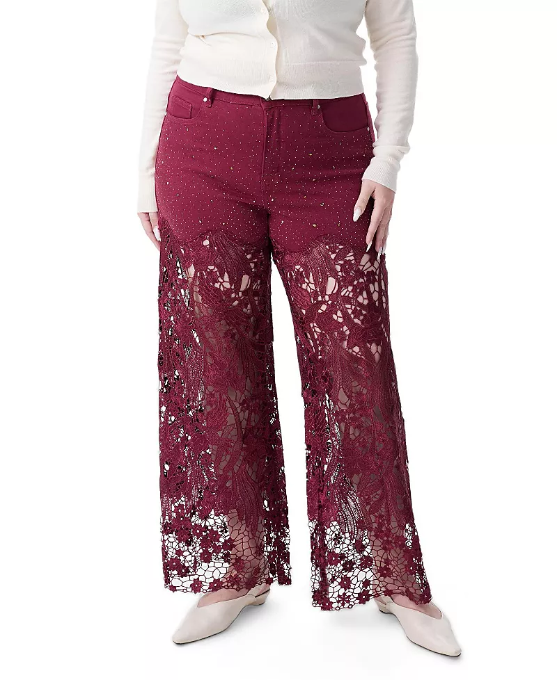 Bayeas Plus Embroidery High Rise Wide Leg Lace Jeans with Rhinestone in Wine