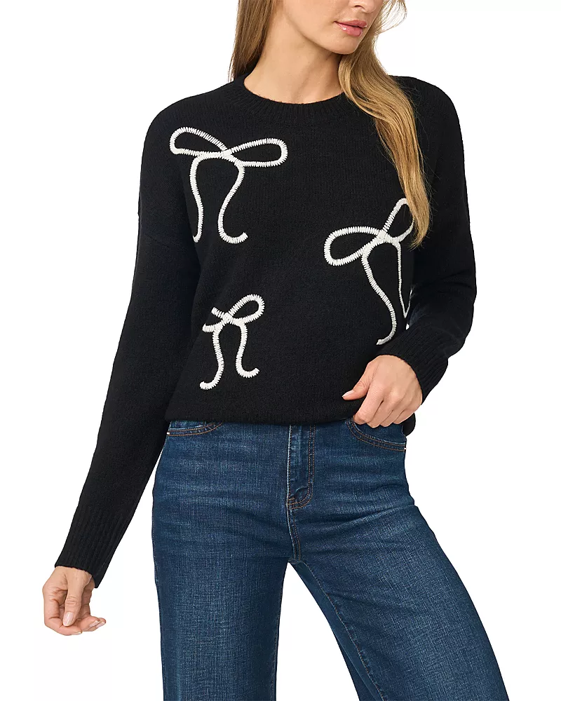CeCe Bow Embroidery Crewneck Long Sleeve Sweater