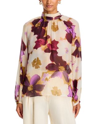 Geovana Keyhole Mockneck Floral Silk Blouse