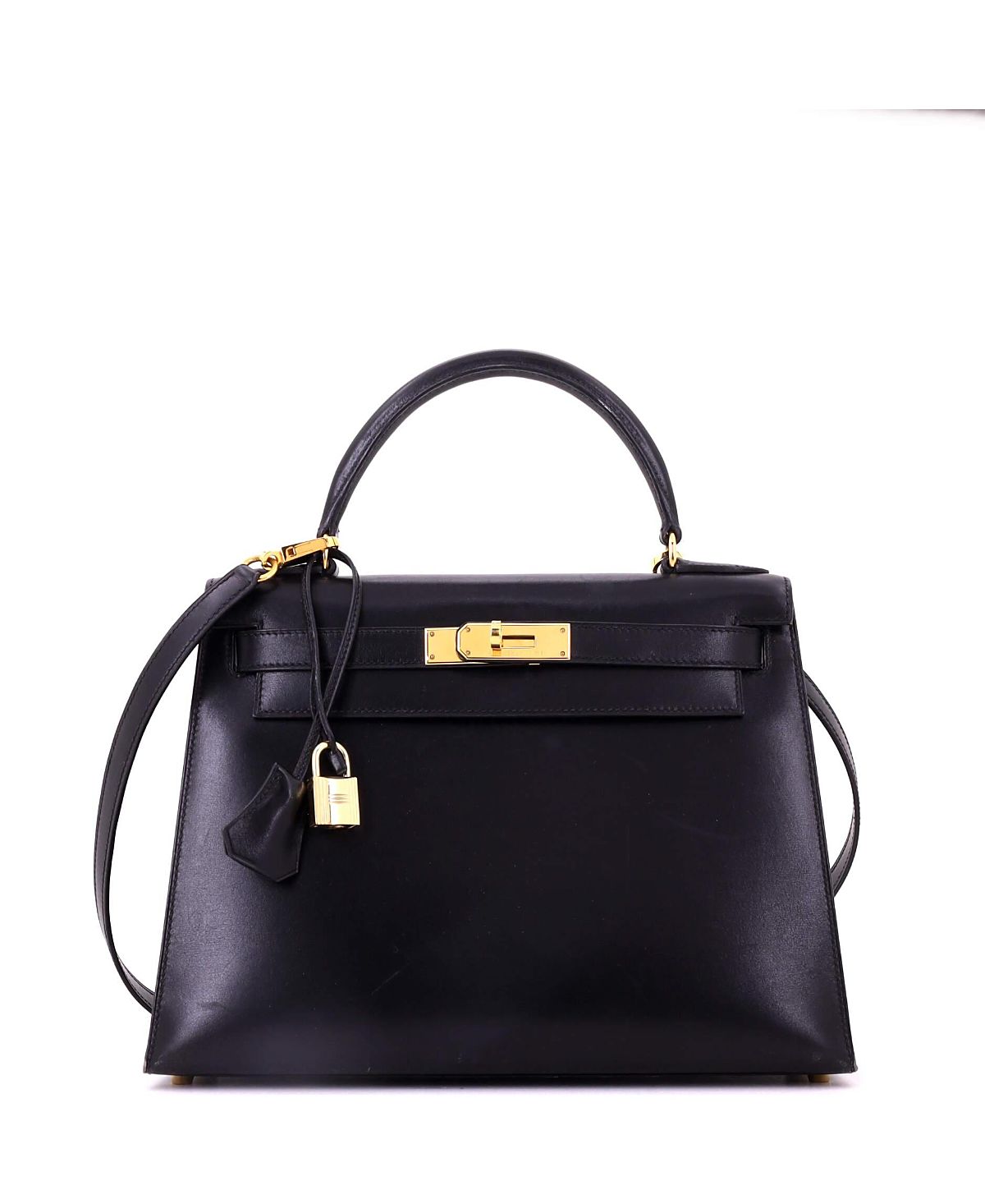 Pre-Owned HERMES Kelly 28 Handbag Black Box Calf with Gold Hardware