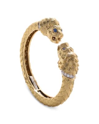 Platinum & 18K Yellow Gold Blue Sapphire & Diamond Greek Lion Cuff Bracelet
