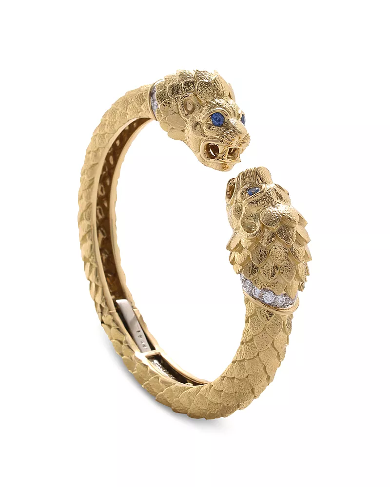 David Webb Platinum & 18K Yellow Gold Blue Sapphire & Diamond Greek Lion Cuff Bracelet