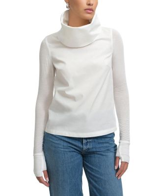  Atlantic High-Collar Cotton Top with Sheer Long Sleeves