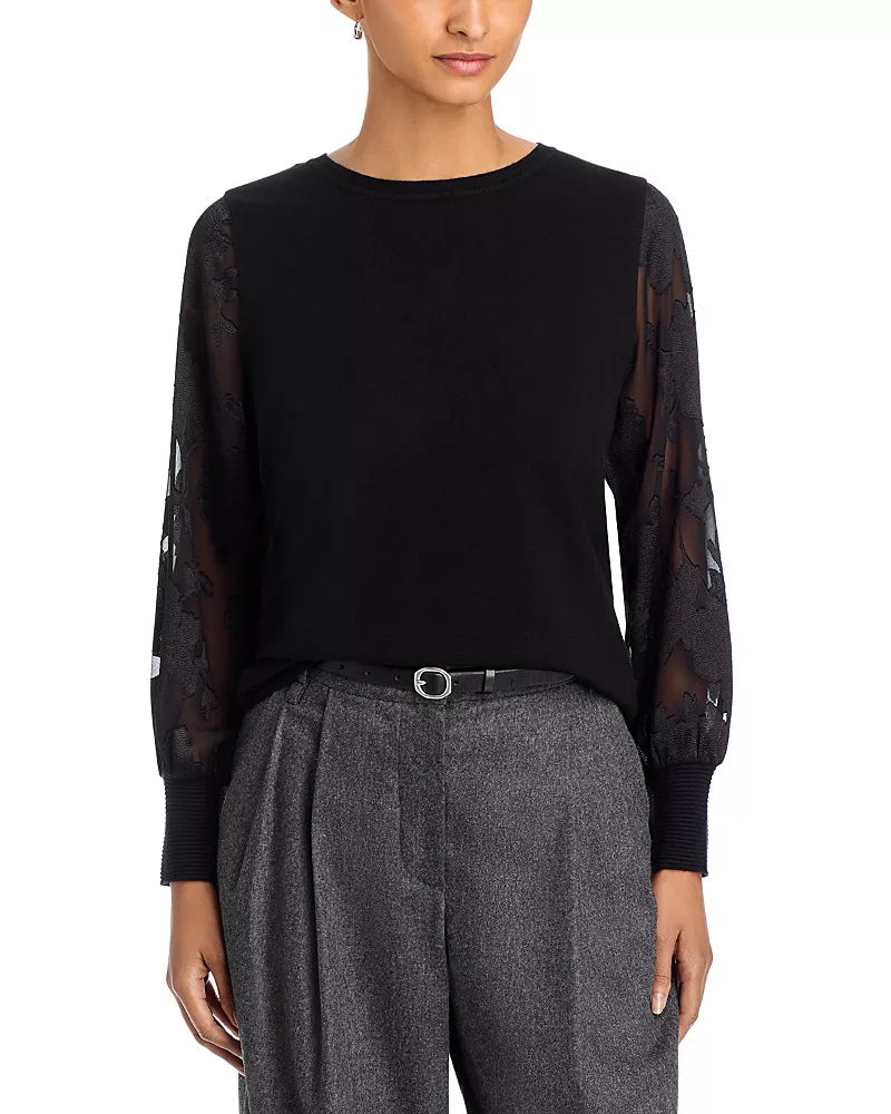 Sioni Mixed Media Floral Puff Sleeve Sweater