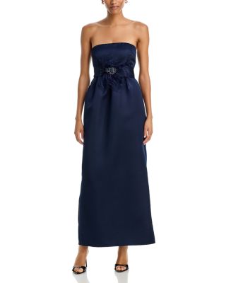 Feather Trim Strapless Satin Gown - Exclusive