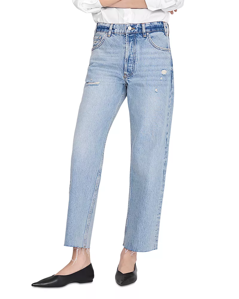 Anine Bing Gavin High Rise Distressed Straight Jeans in Washed Blue