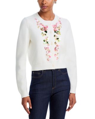 Cinq a Sept Waterfall Paillettes Cotton Blend Crewneck Cardigan