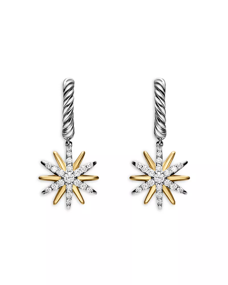 David Yurman Starburst Drop Earrings in Sterling Silver with 18K Yellow Gold with Diamonds, 26mm