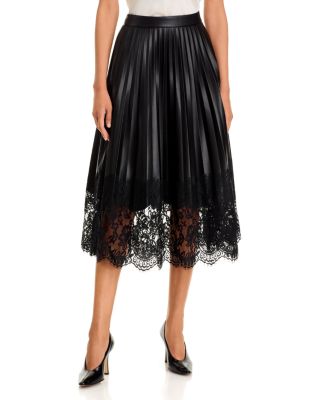 T Tahari Pleated Faux Leather & Lace Midi Skirt