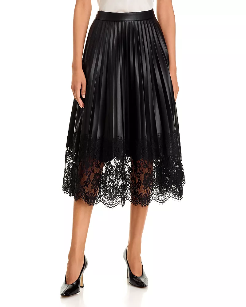 T Tahari Pleated Faux Leather & Lace Midi Skirt