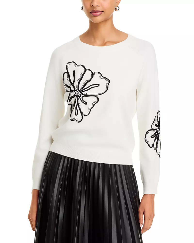 T Tahari Embroidered Floral Crewneck Sweater