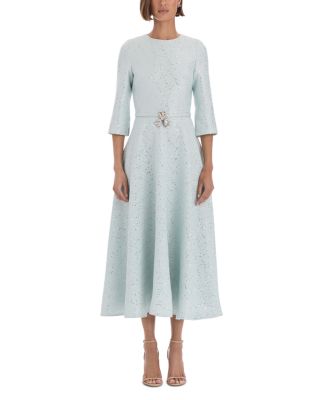 Wool Blend Sequin Tweed Belted Midi Dress