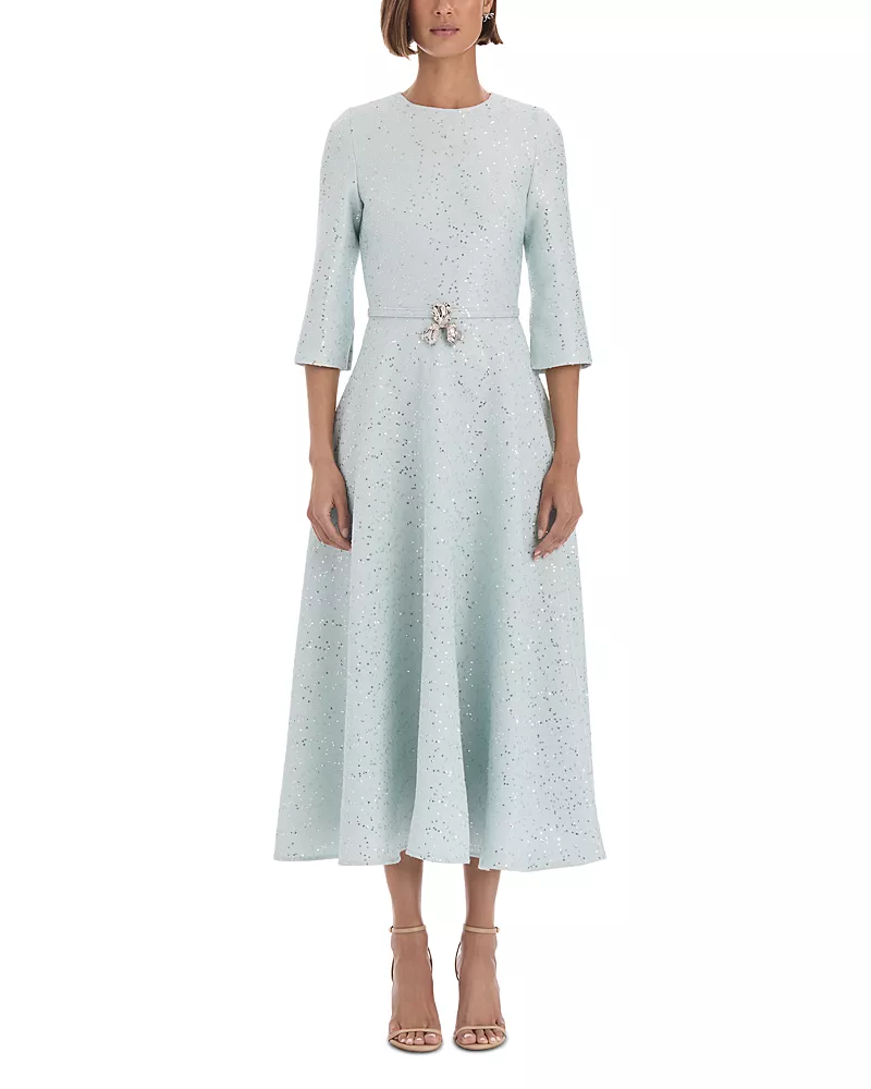 Oscar de la Renta Wool Blend Sequin Tweed Belted Midi Dress