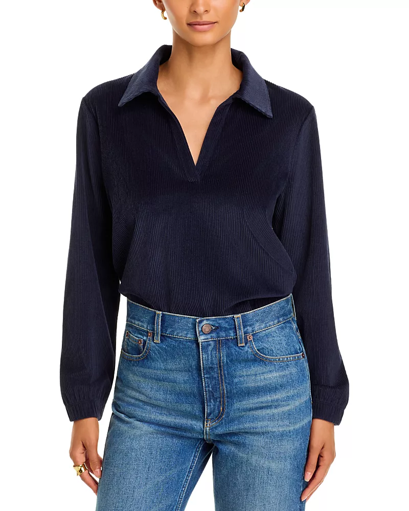 Veronica Beard Issa Long Sleeve Ribbed Polo Shirt