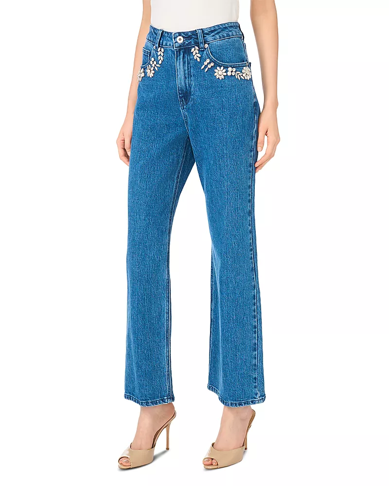 CeCe High Rise Embellished Pocket Straight Leg Jeans in Indigo