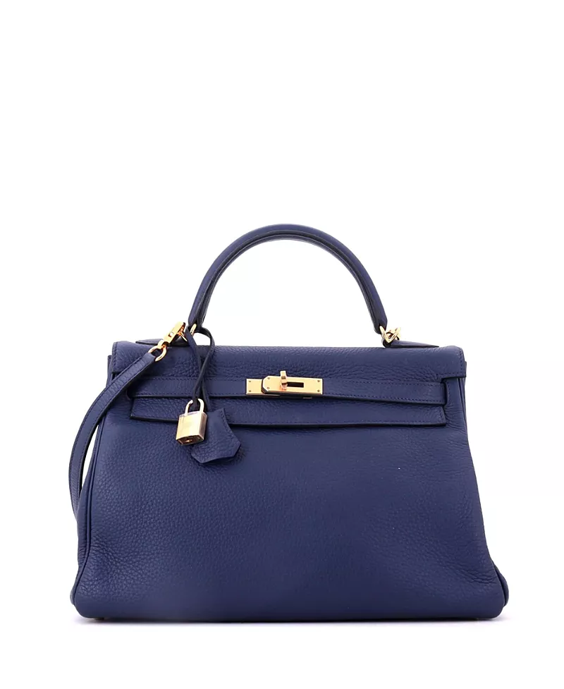 Pre-Owned HERMES Kelly 32 Handbag Blue Clemence with Gold Hardware