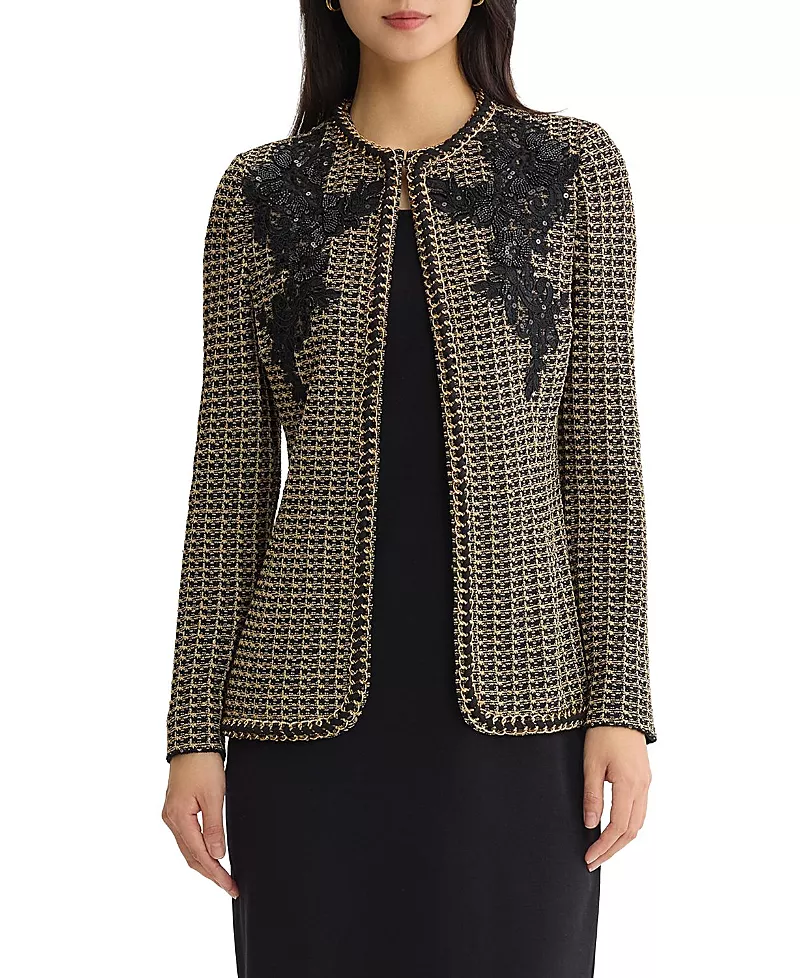 Misook Tailored Lace Applique Lurex Tweed Knit Jacket